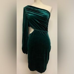 Simplee Apparel One Shoulder Velvet Dress - Dark Green